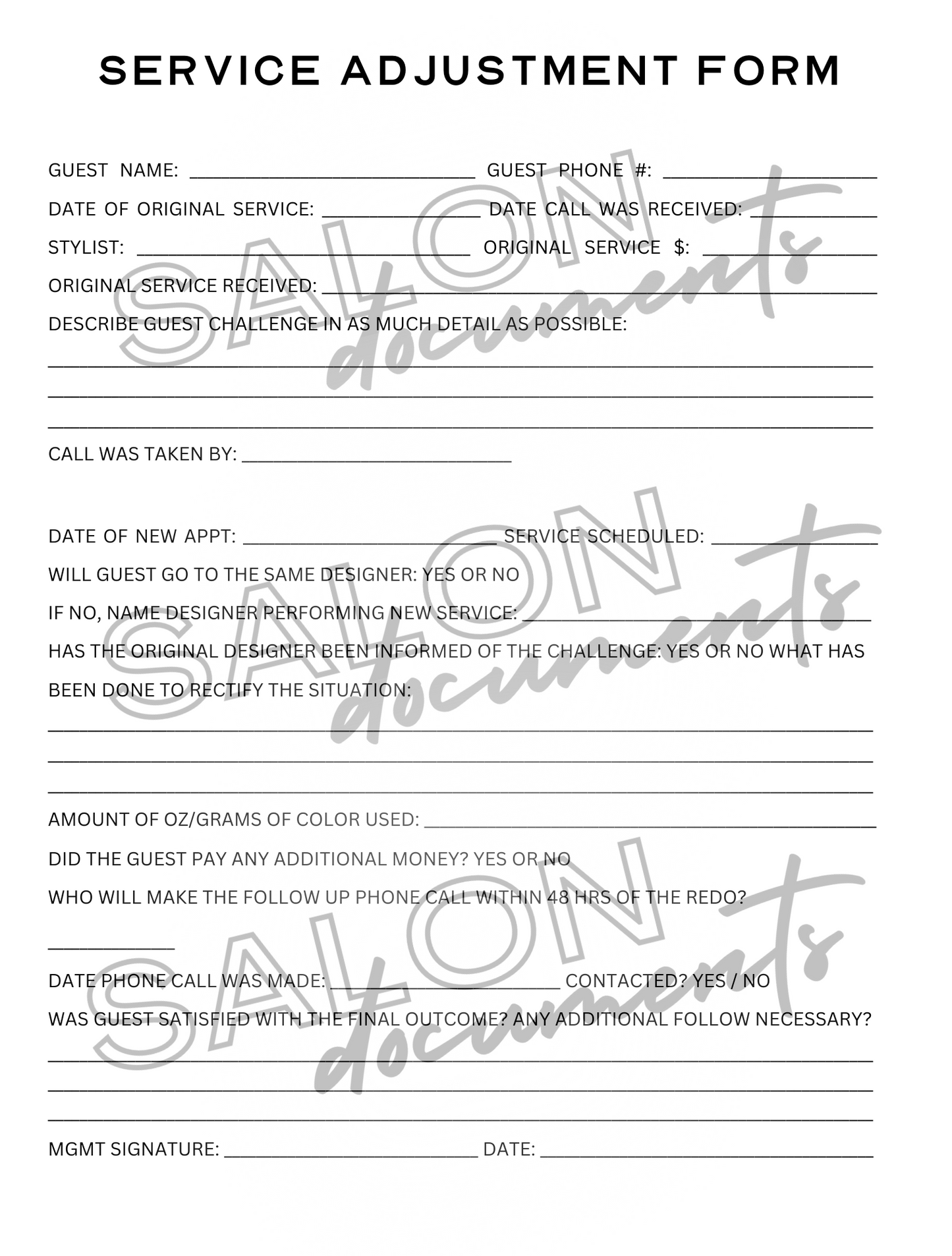 Service Adjustment/Redo Form