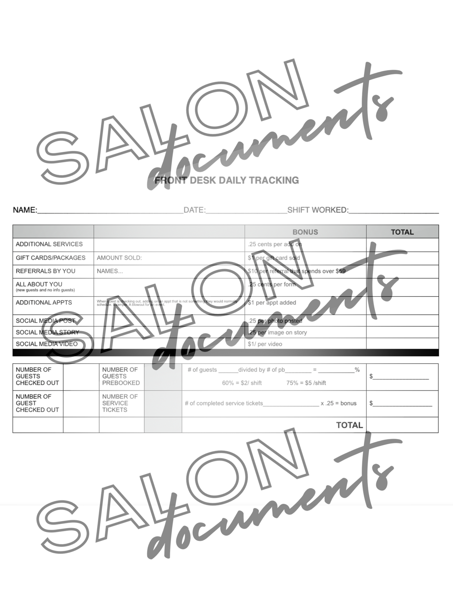 Front Desk Daily Tracking Form