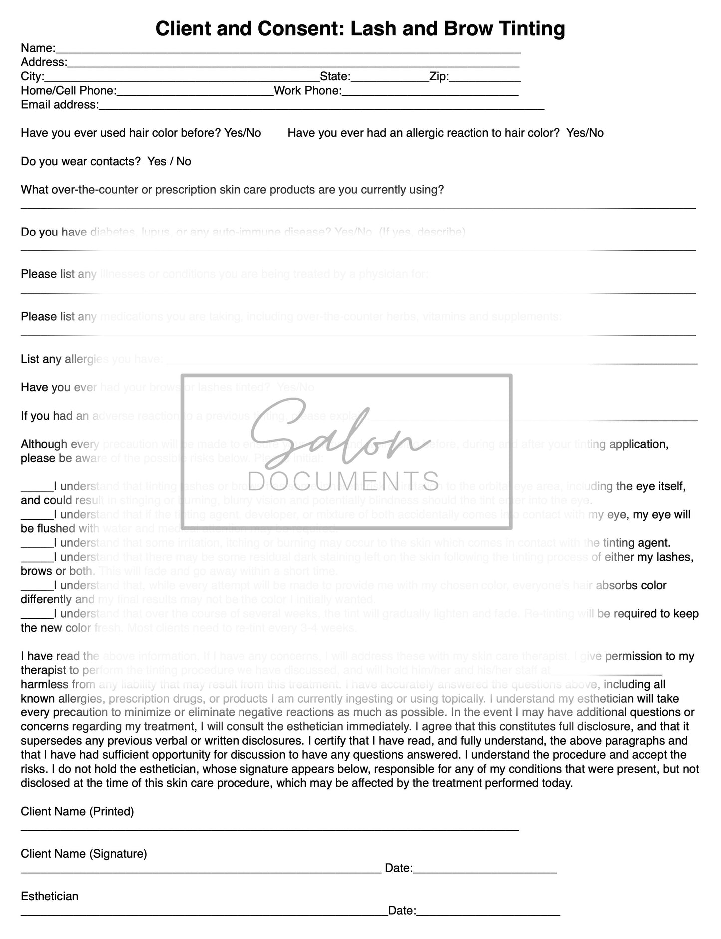 Brow/Lash tint Service Agreement