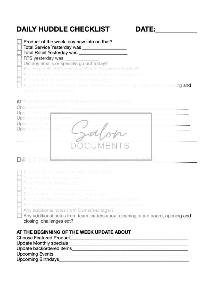 Daily Huddle Checklist – Salon Documents
