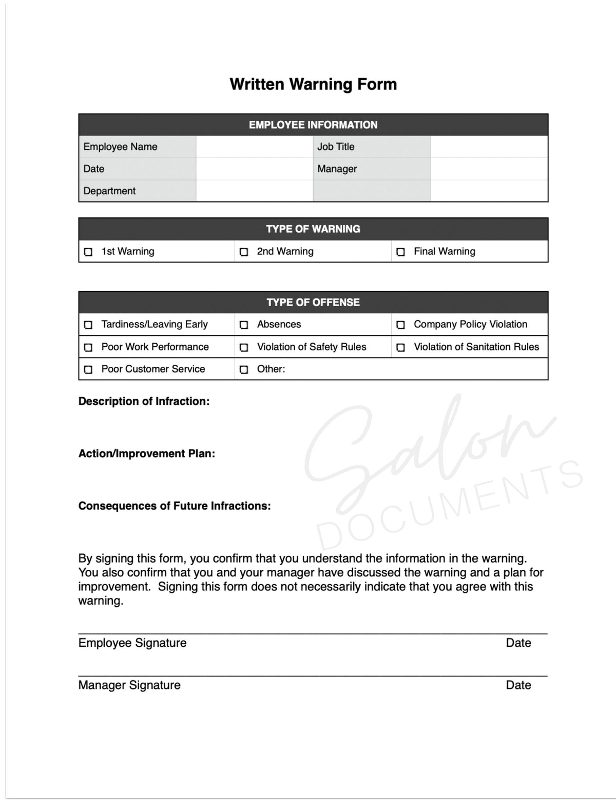 Table Write Out Form Employee Write Up Form